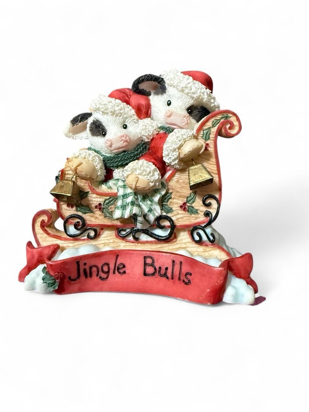 Enesco Mary moos Festive 'Jingle Bulls' Red Holiday Figurine 1997
